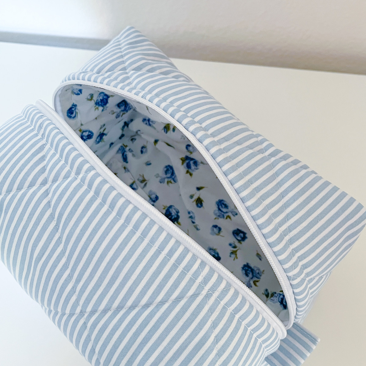 Light Blue Striped Makeup Bag
